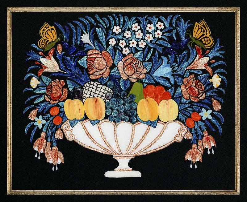 白色和粉色碗设计元素的复古花卉和水果