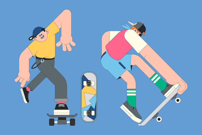 蓝色背景向量上的年轻滑板运动员角色