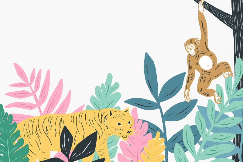 复古野生动物框架矢量彩色粉彩植物背景