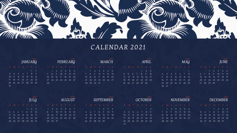 日历2021年度可编辑模板向量与威廉莫里斯花卉图案