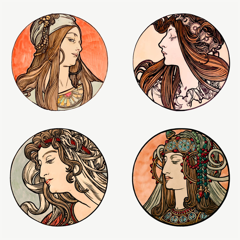 Lady art nouveau illustration vector setremixed from the artworks of卧龙