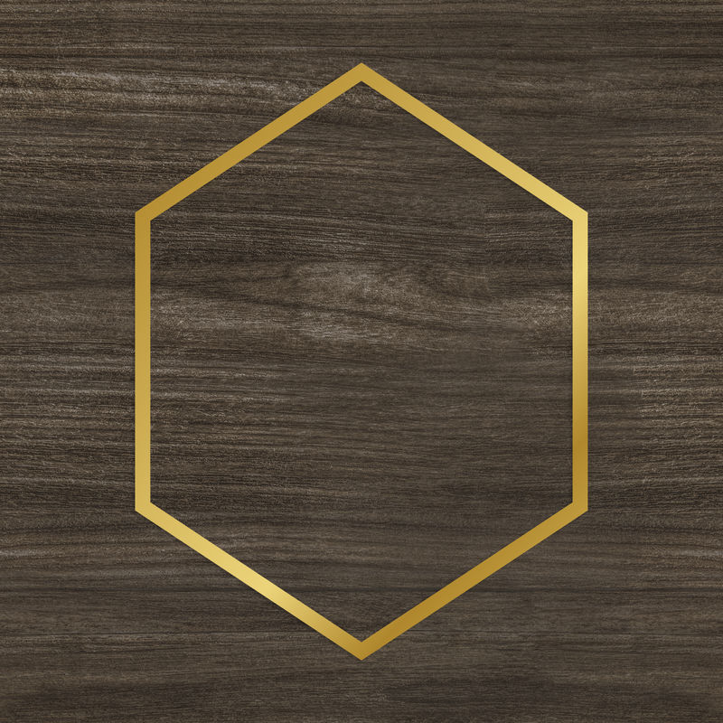 木制背景插图上的金色六边形框架