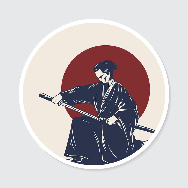 传统日本武士贴纸与白色边框向量