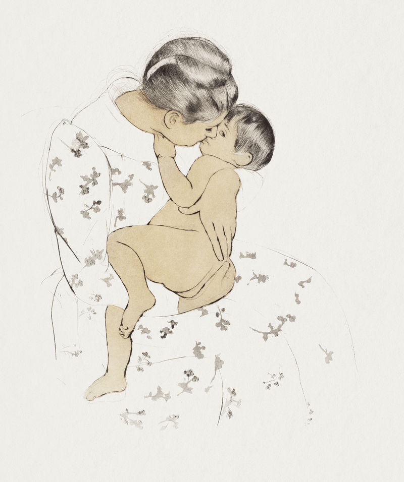 复古手绘母亲亲吻她的孩子插图混合从玛丽卡萨特的艺术作品
