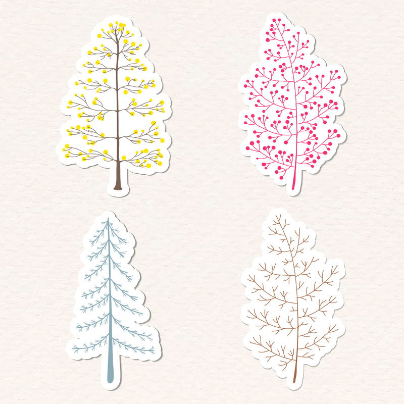 可爱的粉彩松树贴纸与白色边框向量集