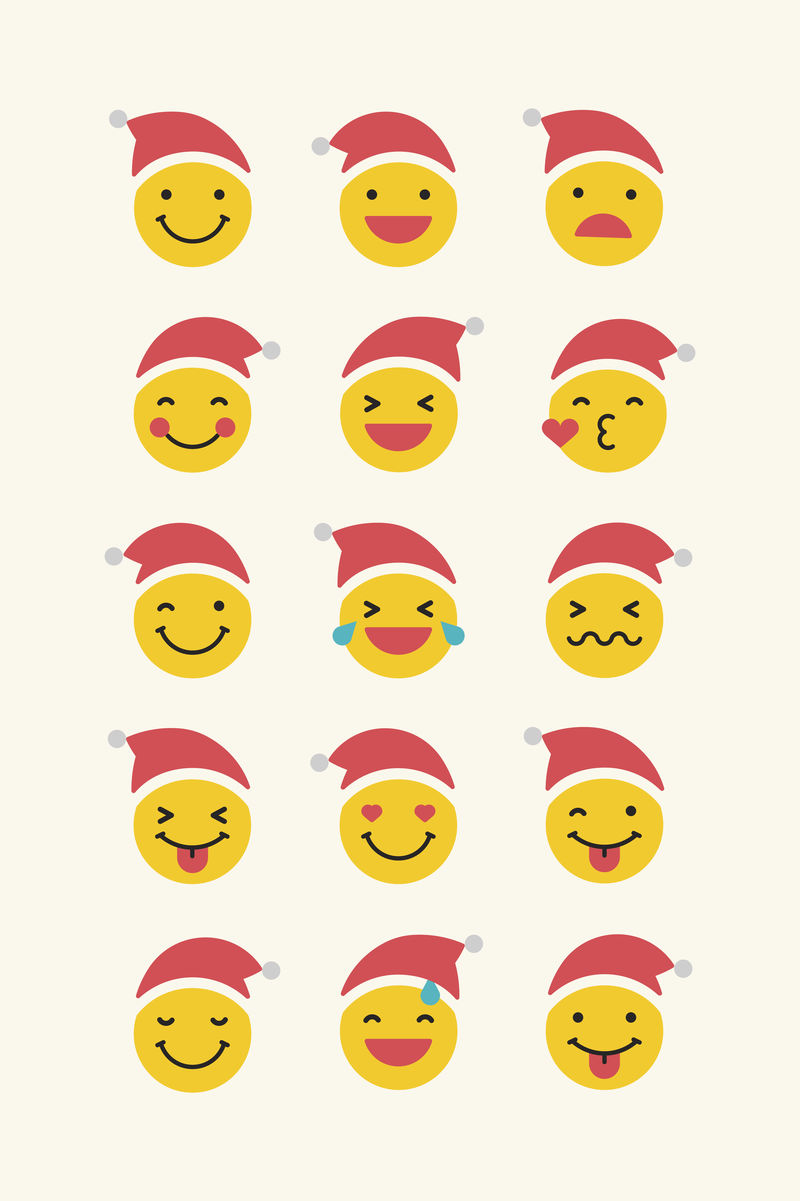 圆形黄色圣诞老人表情集隔离在米色背景向量