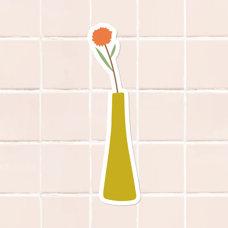橙色涂鸦花在黄色花瓶贴纸瓷砖背景向量