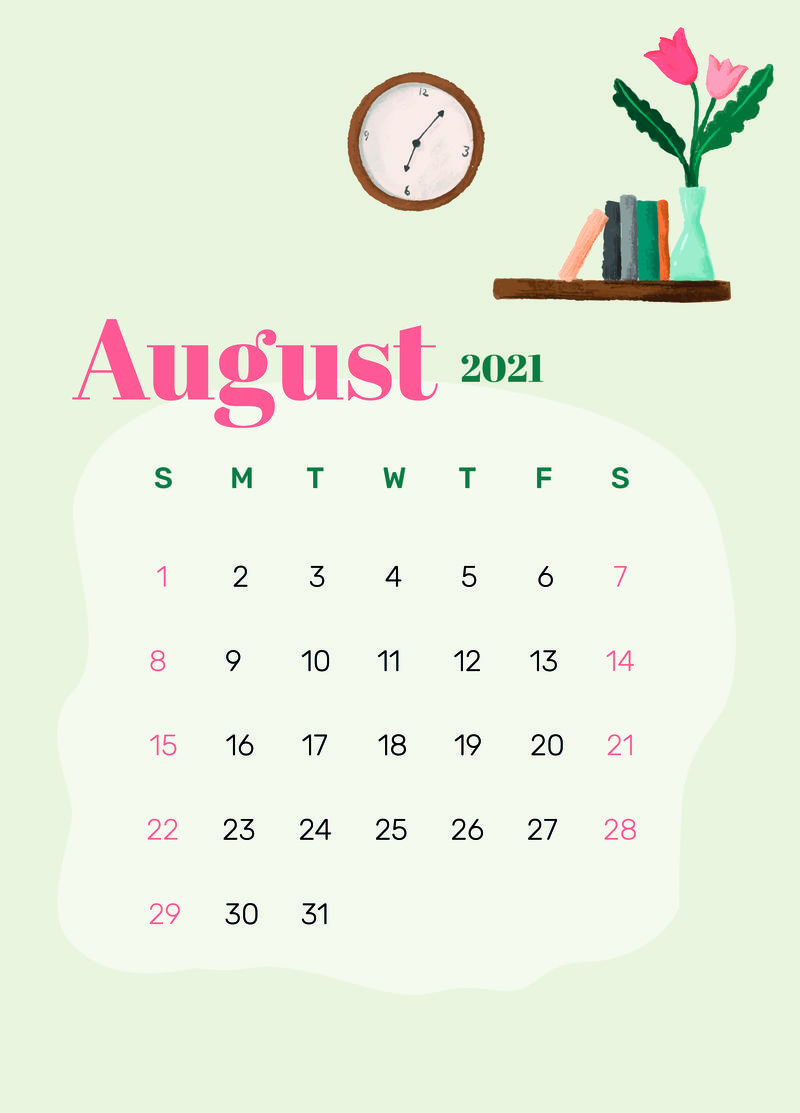 2021年8月日历可打印模板psd手绘生活方式