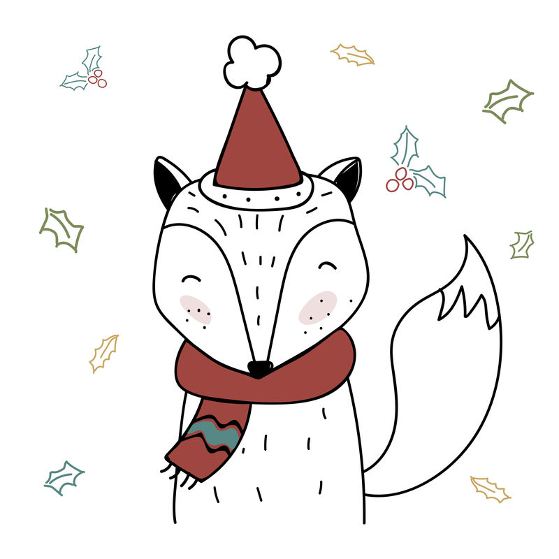 手绘狐狸戴着圣诞涂鸦风格的围巾和帽子