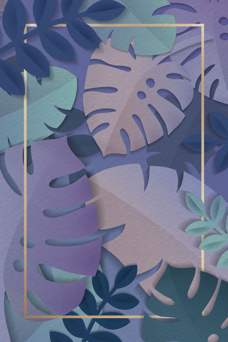 紫色热带树叶图案背景向量上的金色矩形框