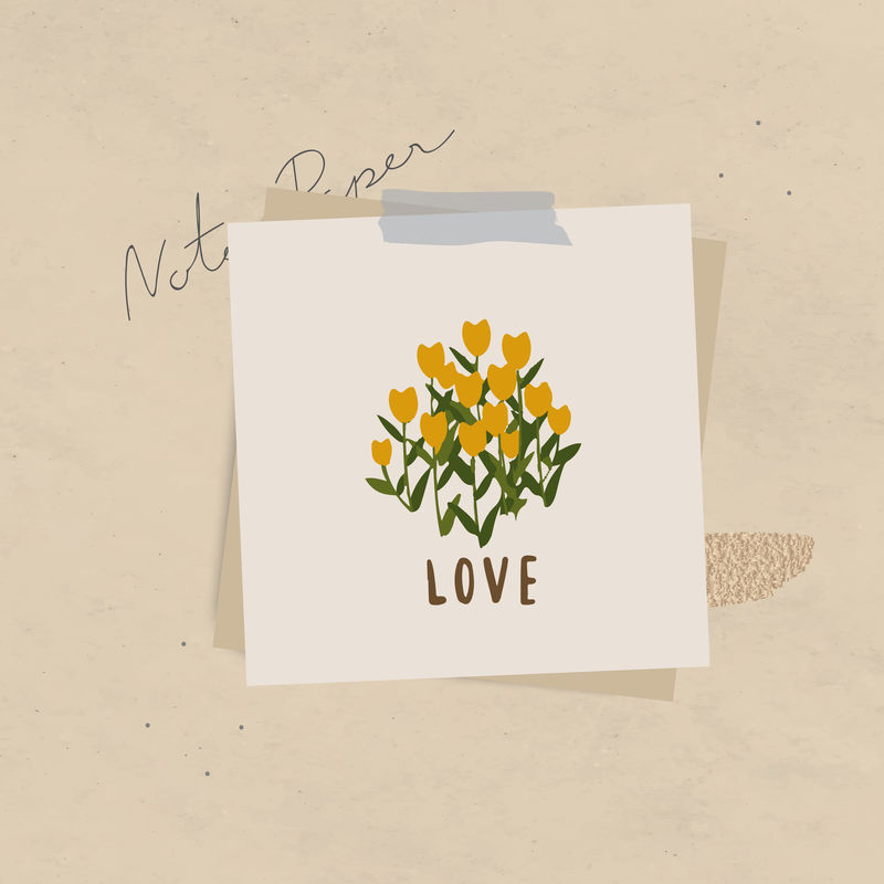 信纸上的情话信息和鲜花在有纹理的背景上贴上胶带