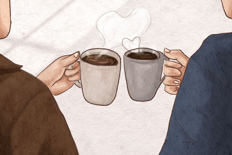 咖啡约会上的浪漫情侣手绘插图