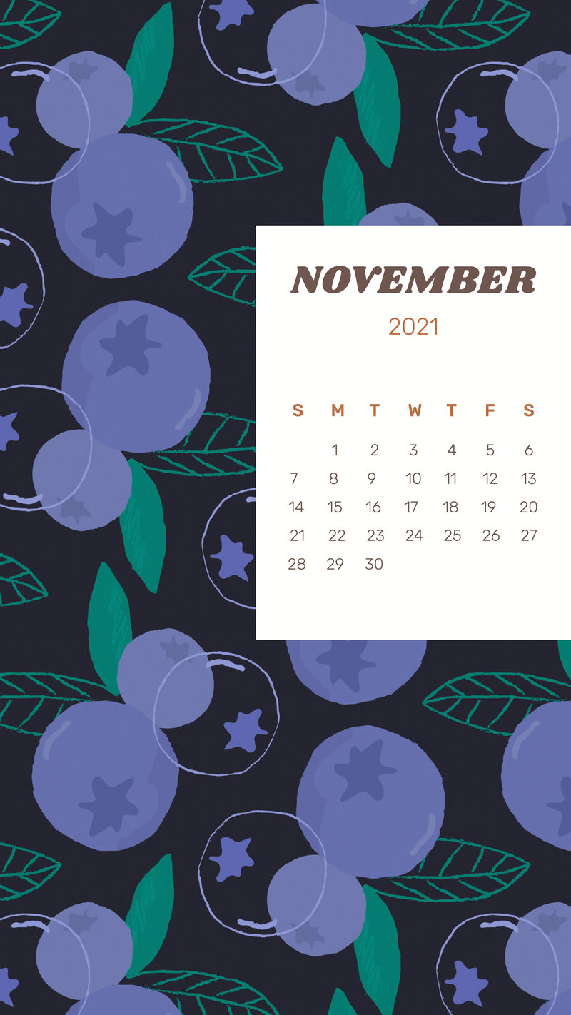 日历2021年11月带可爱蓝莓的可打印矢量