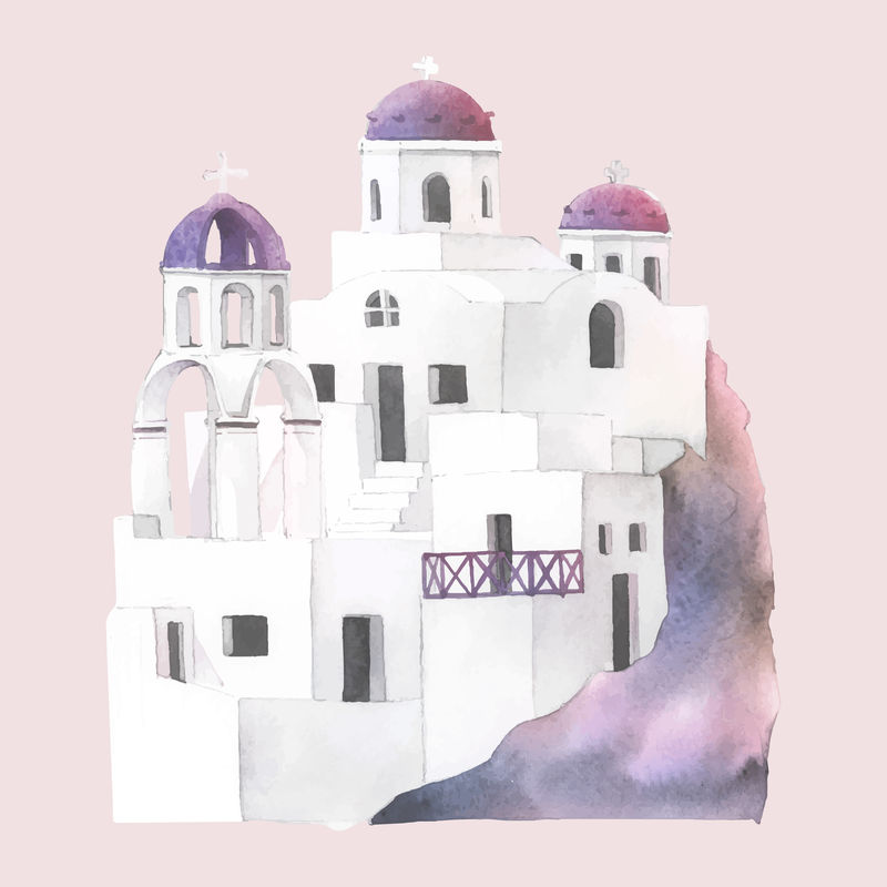 圣托里尼Cycladic房屋水彩插图