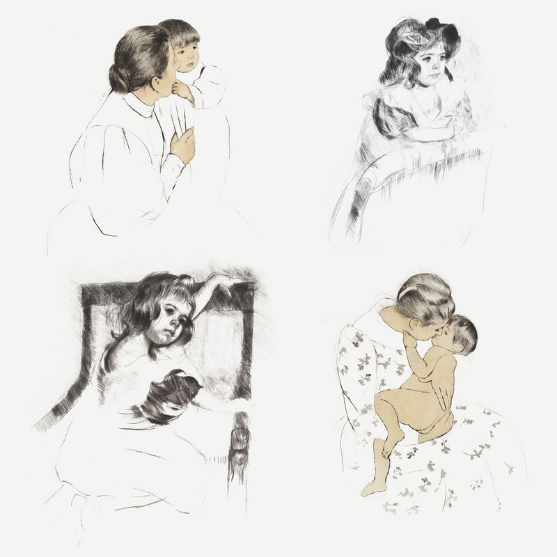 复古手绘母亲和她的孩子插图集混合从玛丽卡萨特的艺术作品