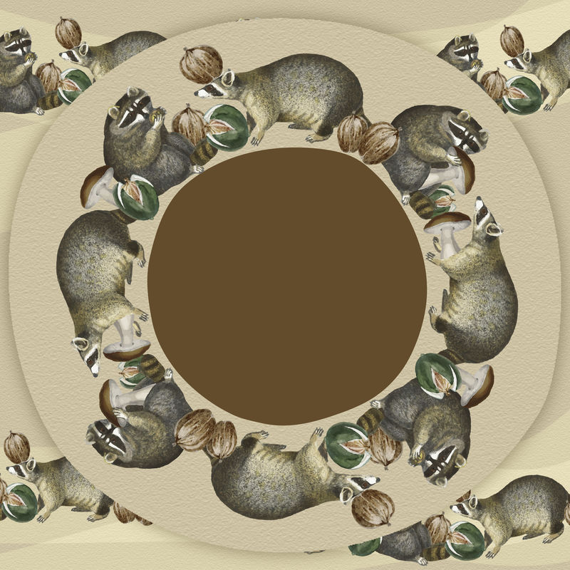 浣熊图案的圆形框架在巢中吃坚果