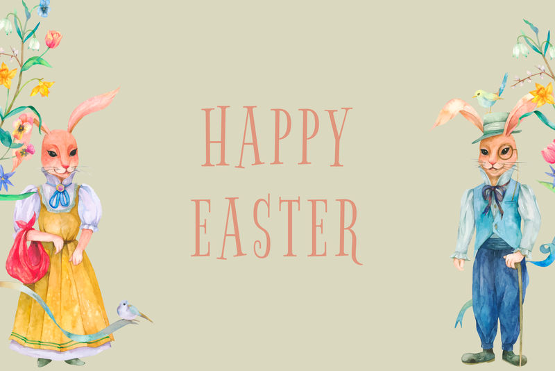 可编辑的复活节快乐模板矢量节日庆典水彩问候语带兔子复古插图