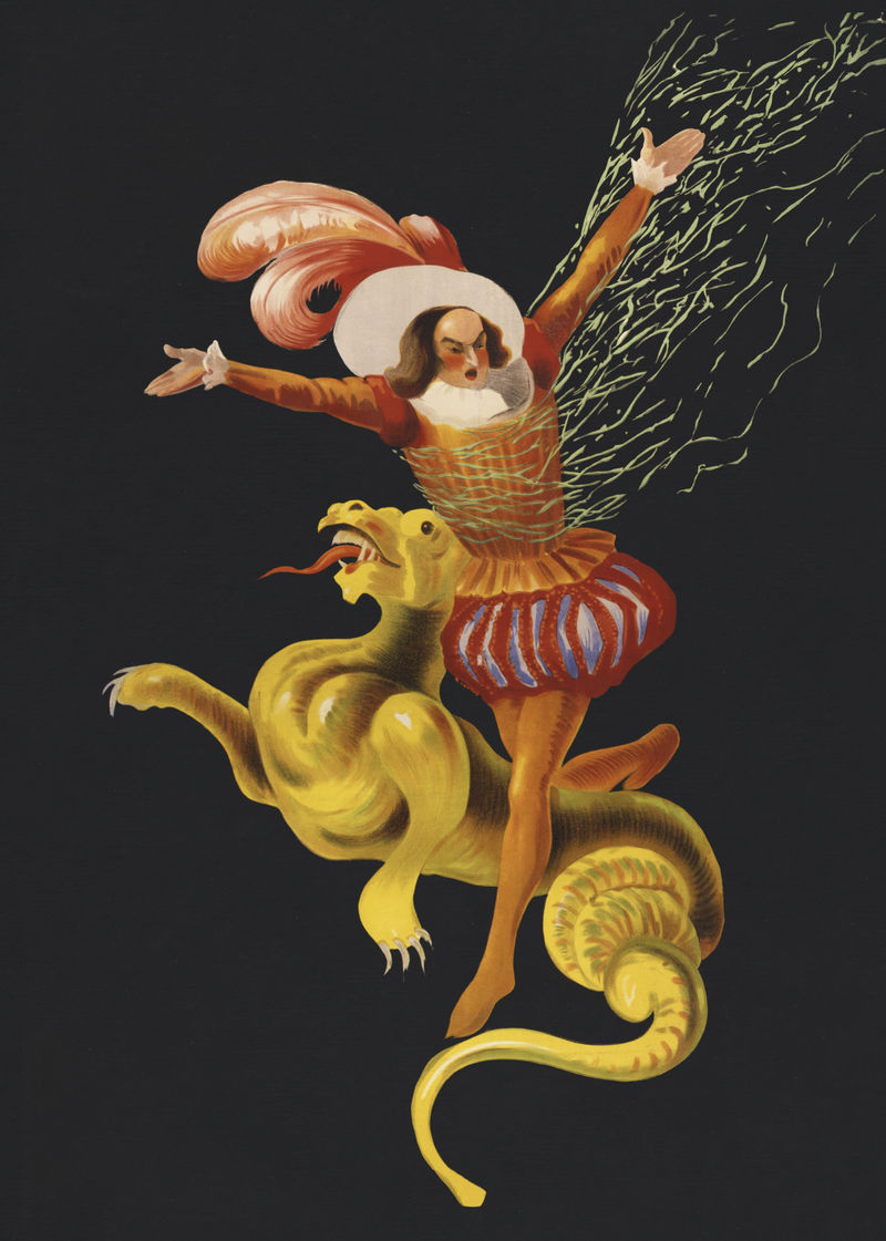 在龙的插图上穿着复古服装的男人由莱昂内托·卡皮尔洛的作品混合而成