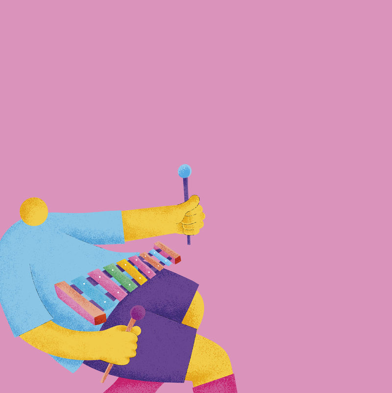 粉红色音乐背景与木琴音乐家平面图形