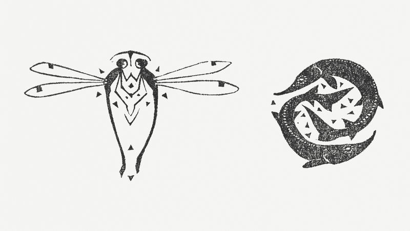 由Gerrit Willem Dijsselhof的艺术作品混合而成的蜻蜓和鱼的动物图案