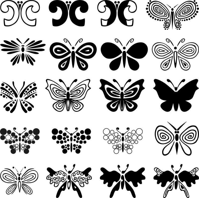 白色背景上的黑色矢量蝴蝶图标