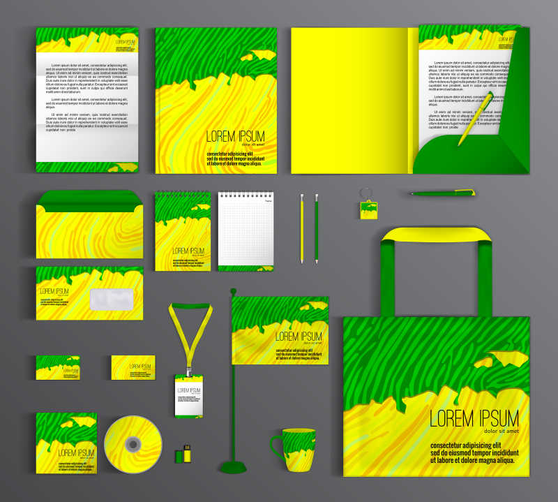 矢量黄色和绿色的企业形象视觉宣传手册模板
