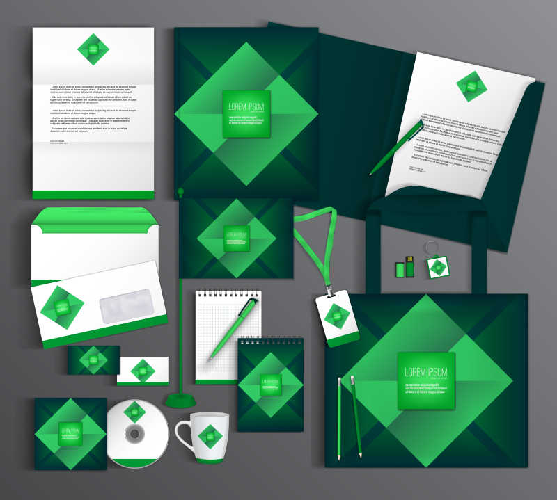 矢量绿色菱形图案的企业形象视觉宣传手册模板
