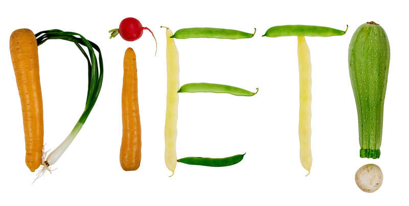 白色背景上各种蔬菜组成的饮食字母