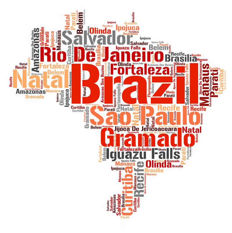 白色背景前巴西旅游地名单词