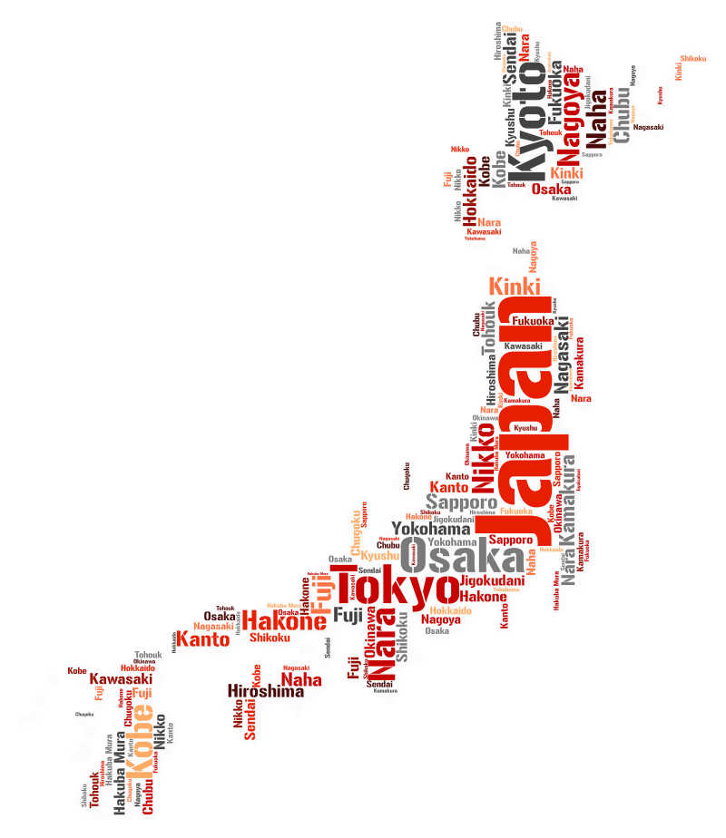 白色背景前日本知名旅游地点名称