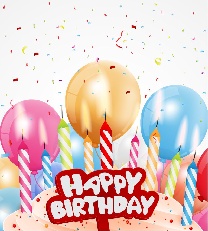 生日聚会上的气球和生日蛋糕矢量插画
