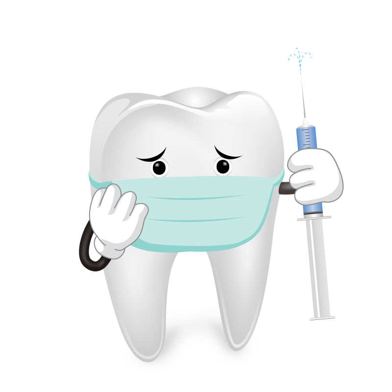 戴着口罩拿着注射器的卡通牙齿形象矢量插画