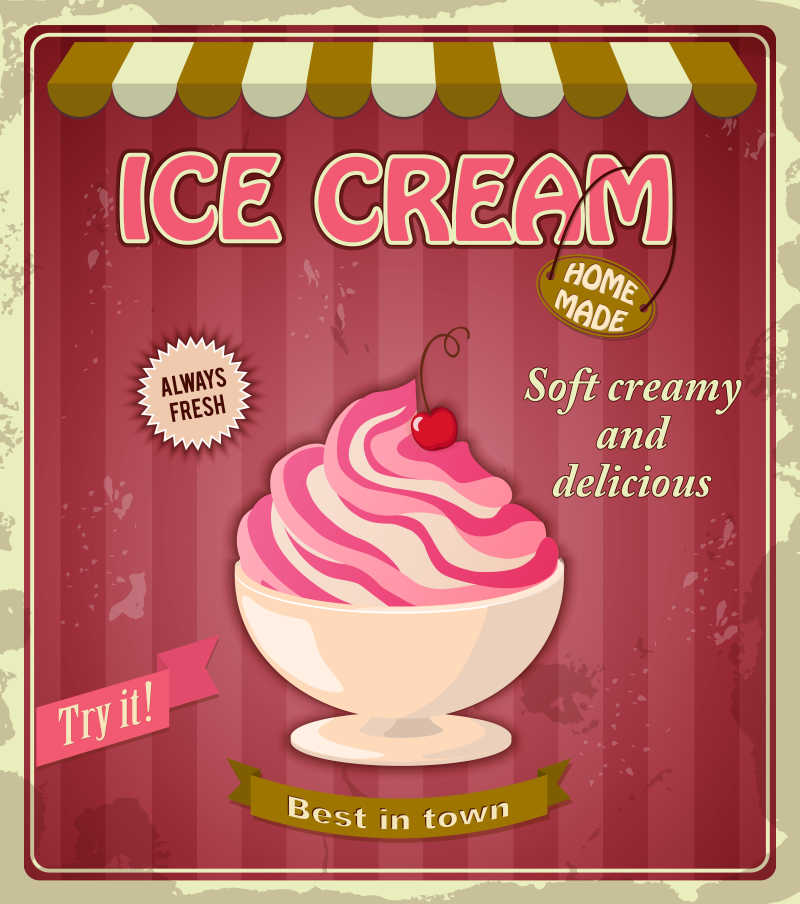 矢量红色背景的樱桃冰淇淋插图